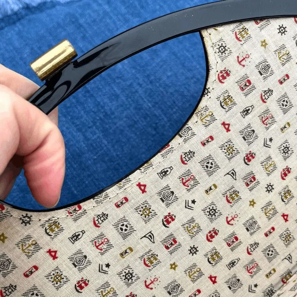 VTG 60s Black Patent Vinyl Mod Handbag w/ Nautical Lining Brass Clasp